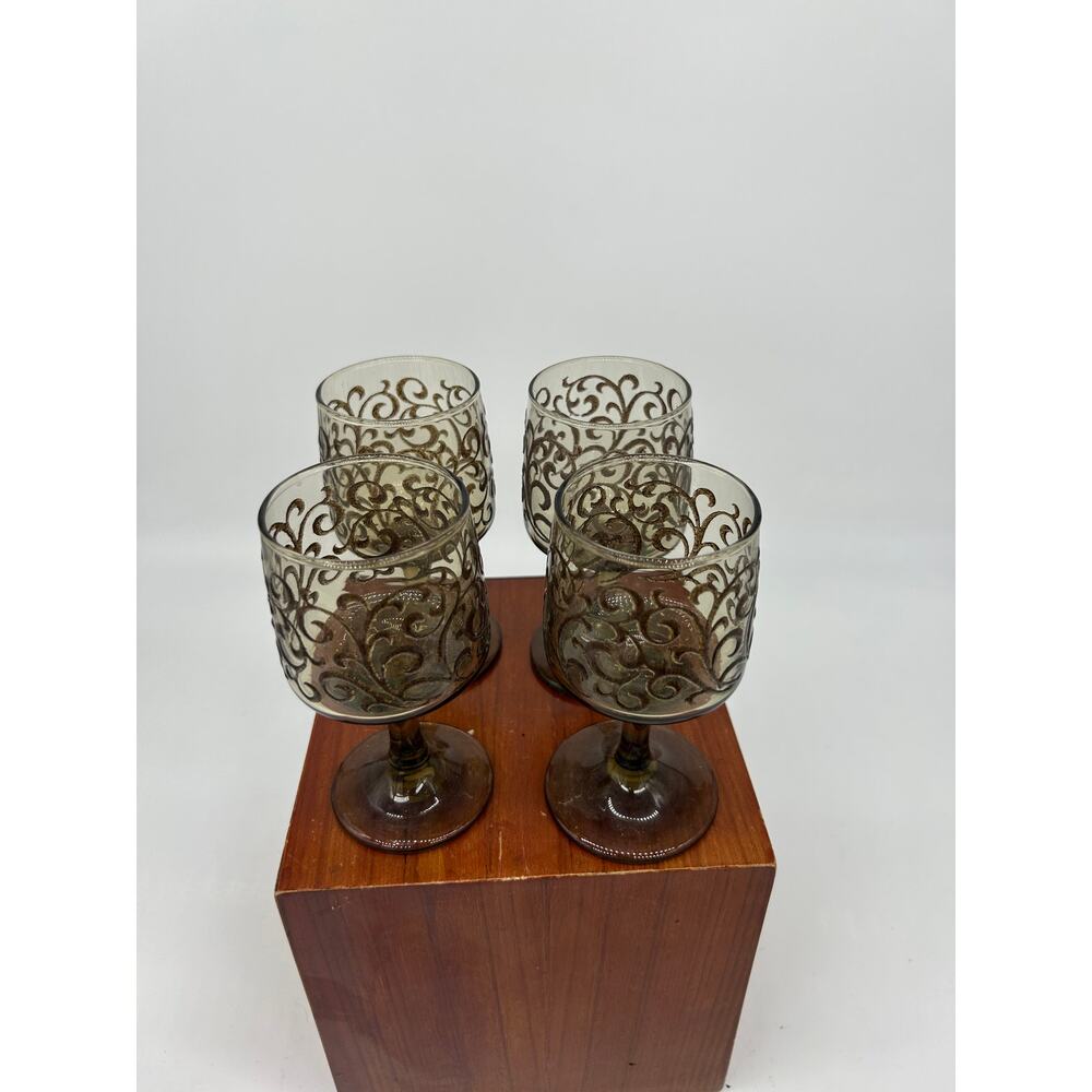 Vintage Set of 4 Glass Cups Brown with Swirl Designs 5" Height
